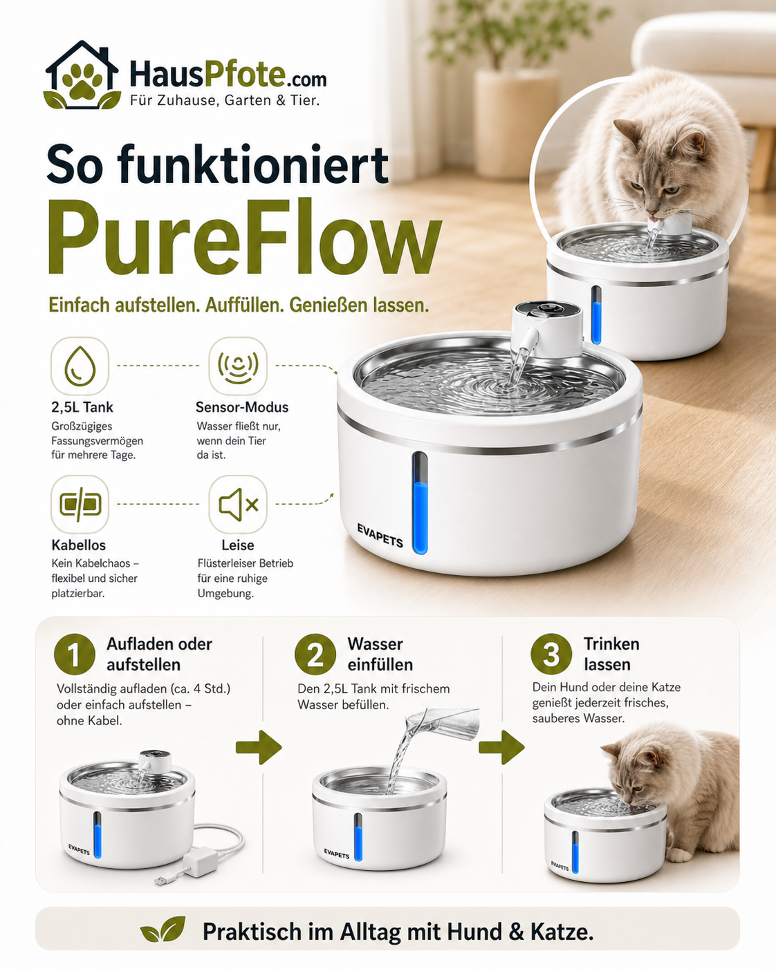 Akku-Trinkbrunnen – kabellos für Hund & Katze